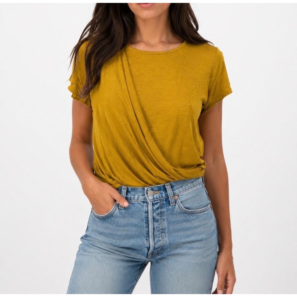 G by Giuliana Mustard Yellow Draped Crossover Front Short Sleeve Boho Top XS
